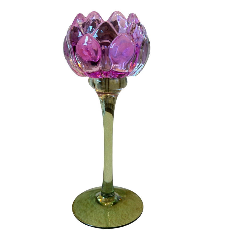 Set of 2 Purple Glass Tulip Shaped Tea Light Candle Holders Green Stem Spring